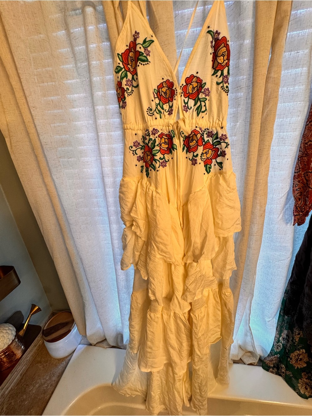 SHEIN Yellow Maxi Dress with Multicolor Floral Embroidery